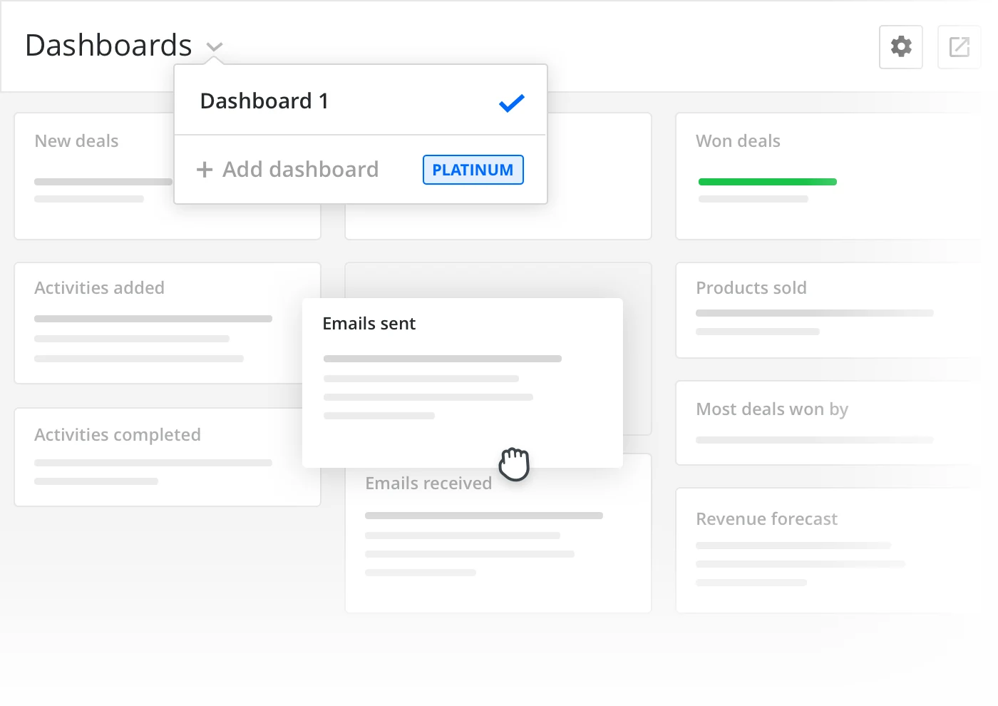 Interface de dashboards do Pipedrive com indicadores da operação comercial