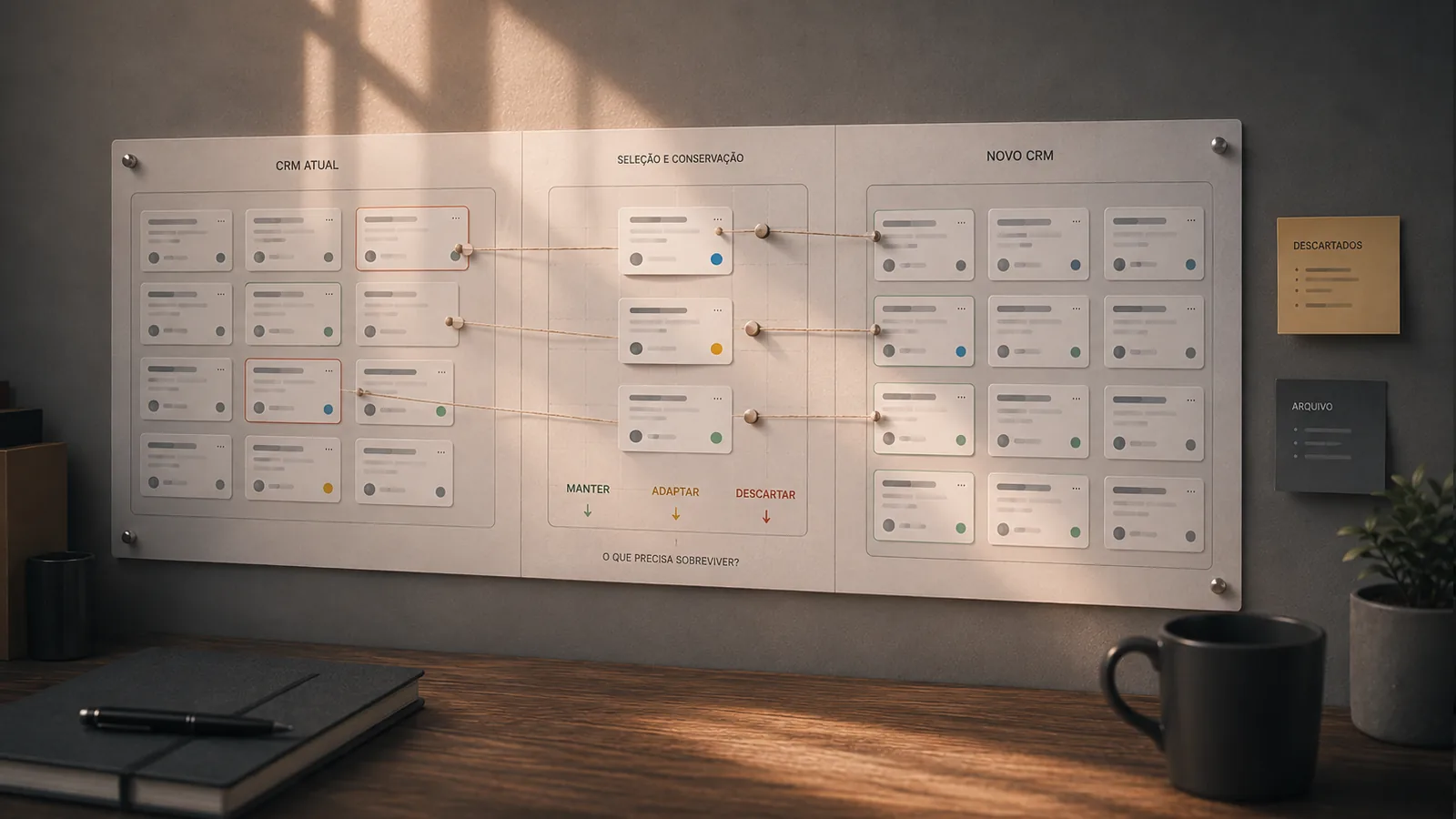 Quadro de decisão de migração de CRM mostrando estruturas do CRM atual, seleção do que manter, adaptar ou descartar e a organização do novo CRM.