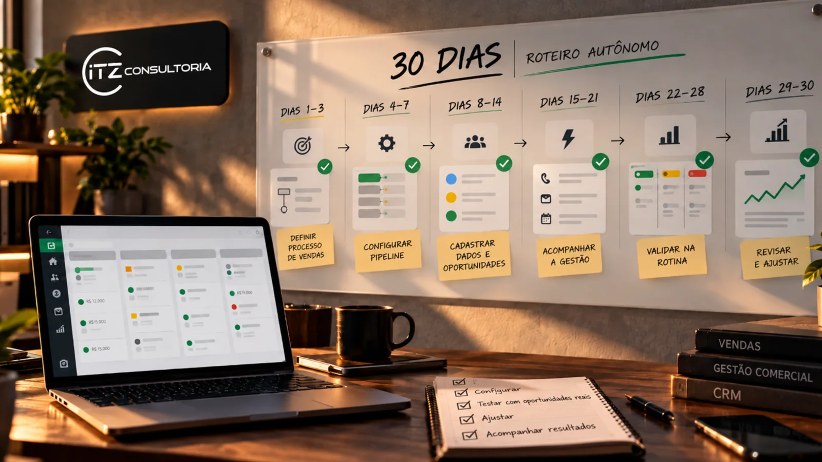 Quadro com roteiro de 30 dias para configurar o Pipedrive sozinho, dividido em seis períodos, ao lado de notebook com funil de vendas e checklist.