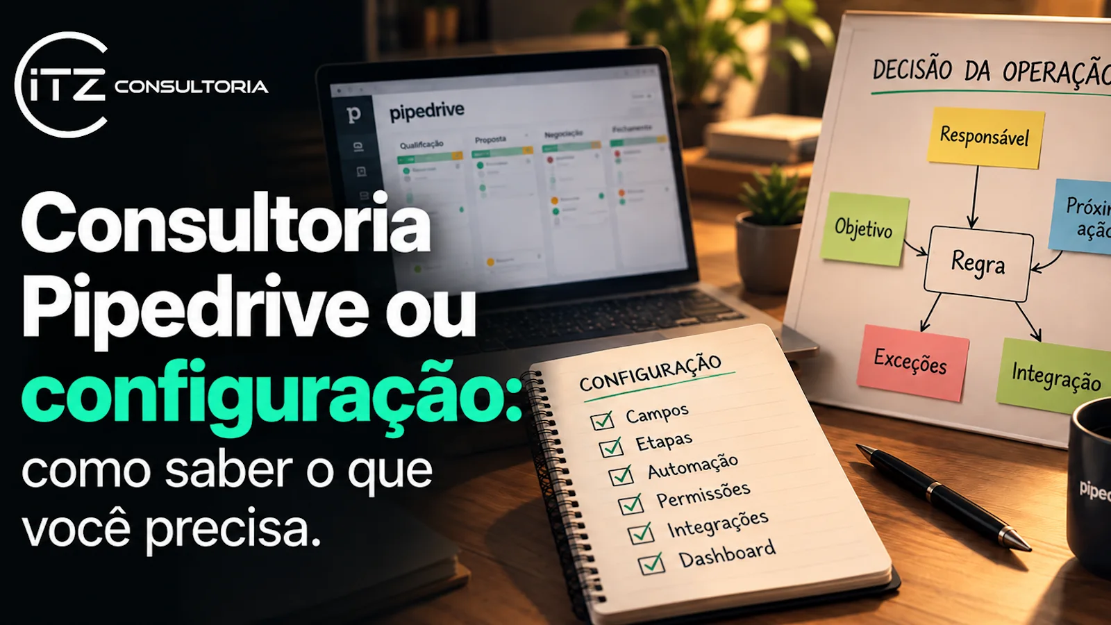 Mesa com Pipedrive, quadro de decisão da operação e checklist de configuração com campos, etapas, automação, permissões, integrações e dashboard.