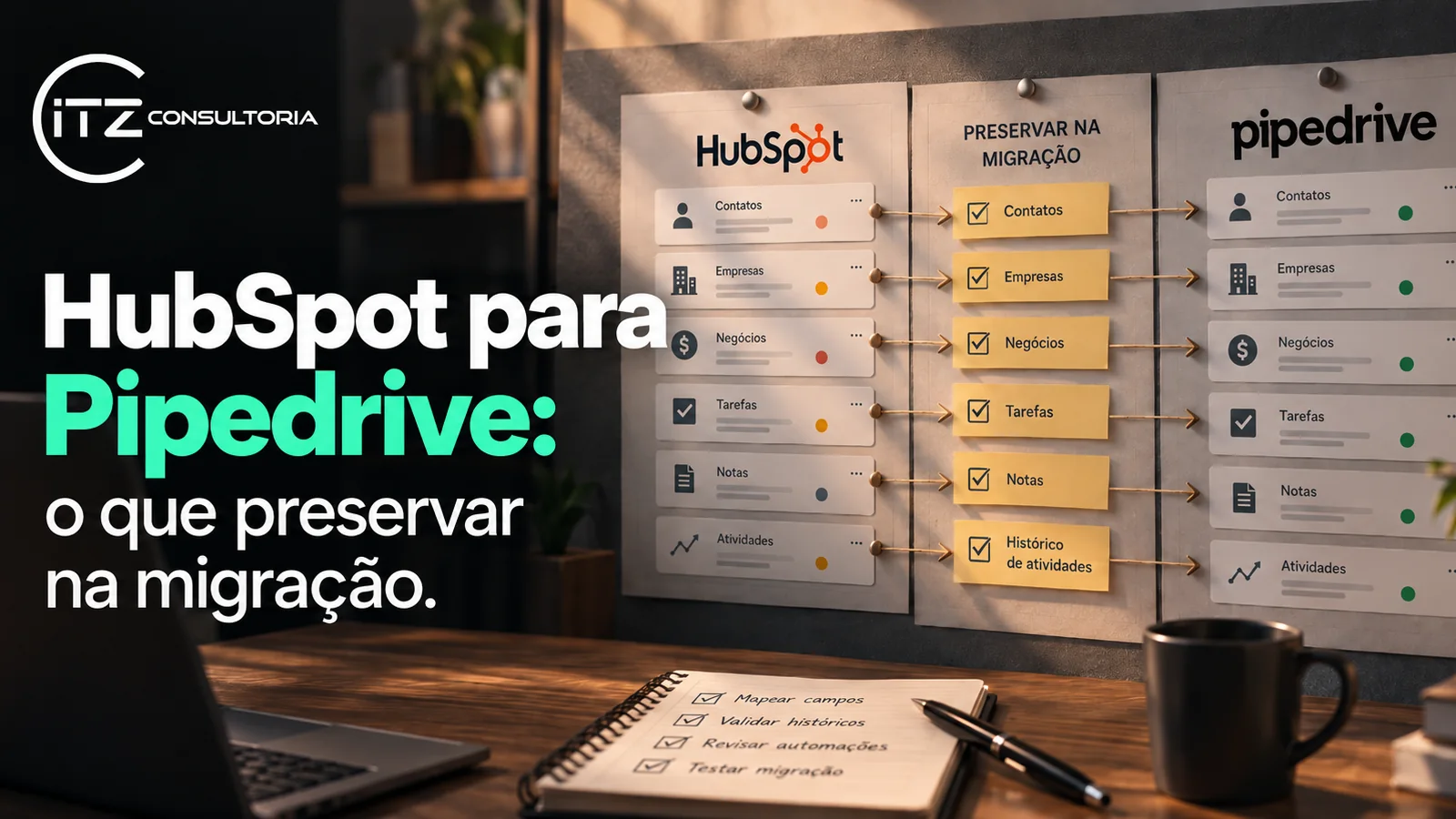 Quadro visual de migração do HubSpot para o Pipedrive com contatos, empresas, negócios, tarefas, notas e histórico de atividades.